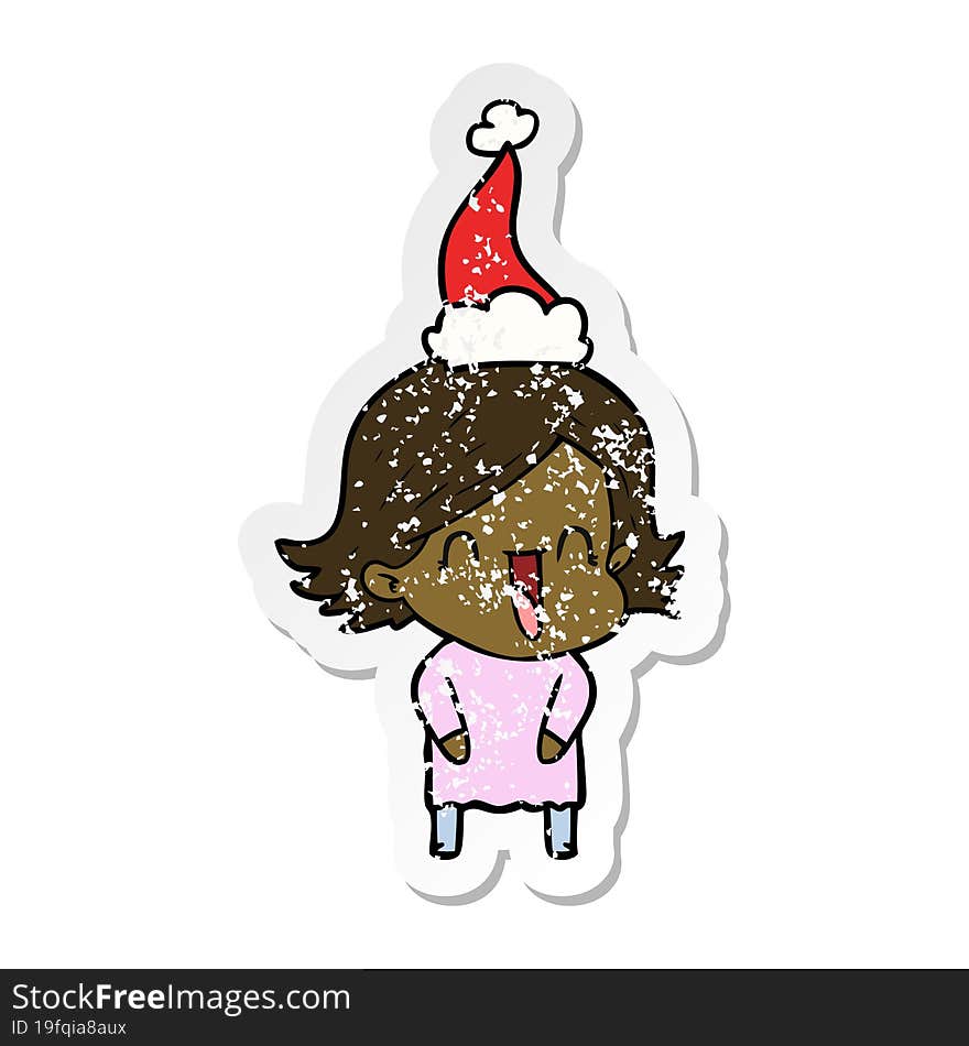 distressed sticker cartoon of a laughing woman wearing santa hat