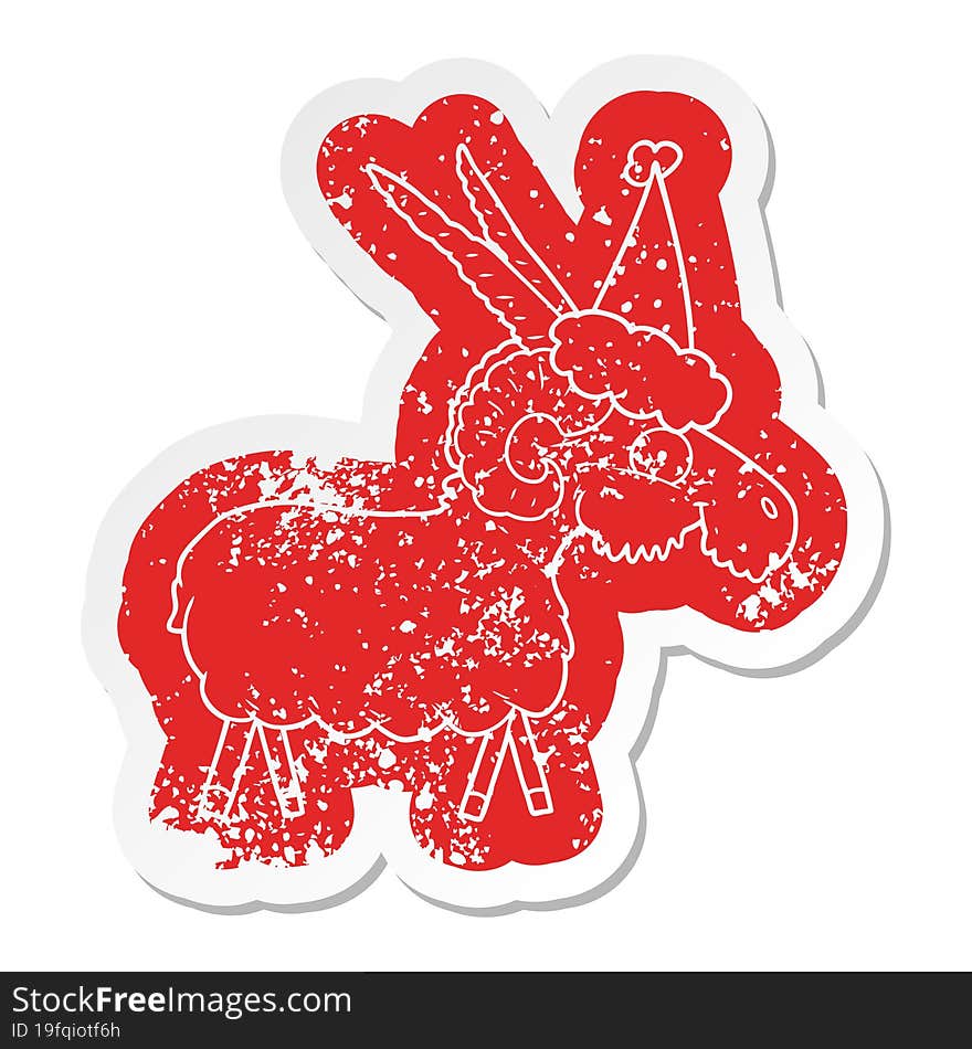 Cartoon Distressed Sticker Of A Goat Wearing Santa Hat