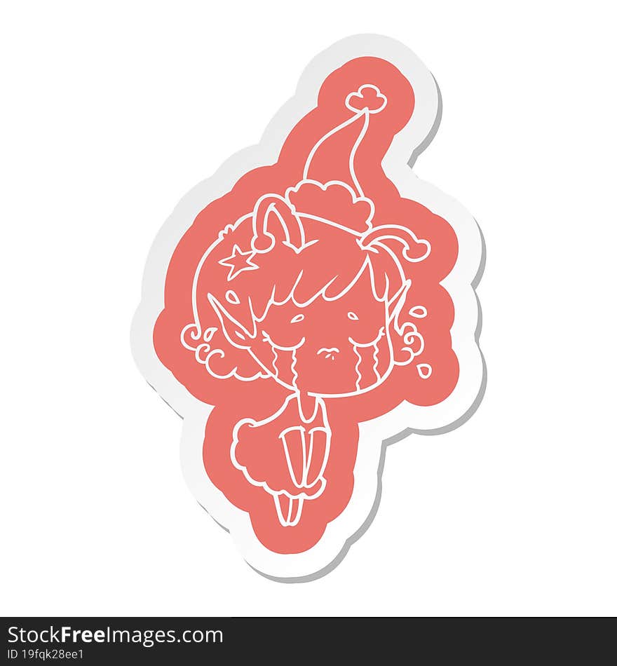 cartoon  sticker of a crying alien girl wearing santa hat