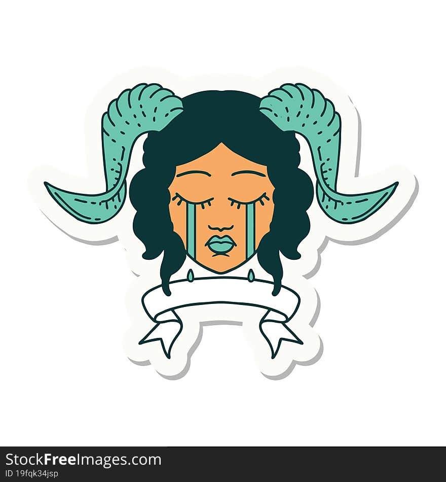 crying tiefling character face with scroll banner sticker