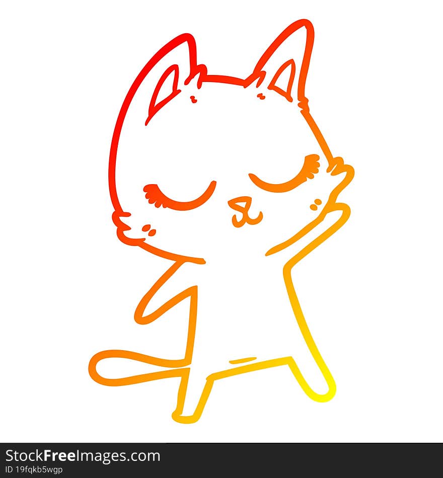 Warm Gradient Line Drawing Calm Cartoon Cat Waving