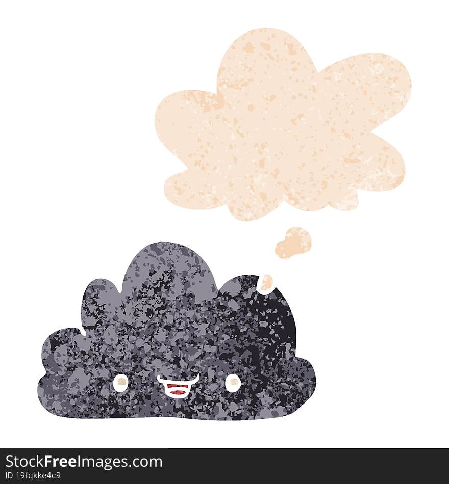 Cartoon Tiny Happy Cloud And Thought Bubble In Retro Textured Style