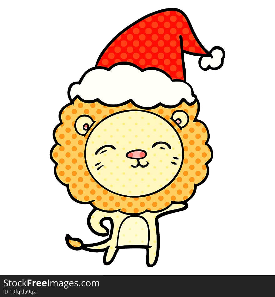 comic book style illustration of a lion wearing santa hat