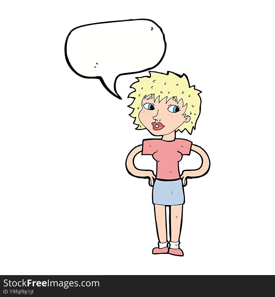 cartoon woman with hands on hips with speech bubble