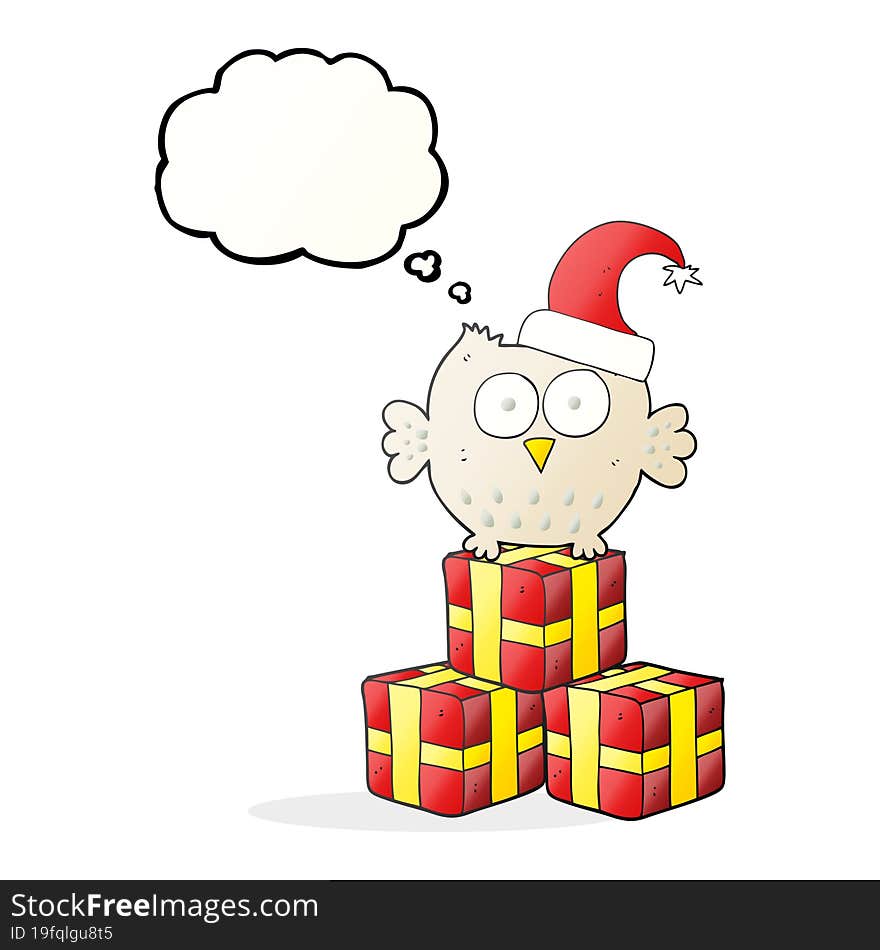 freehand drawn thought bubble cartoon little owl wearing christmas hat