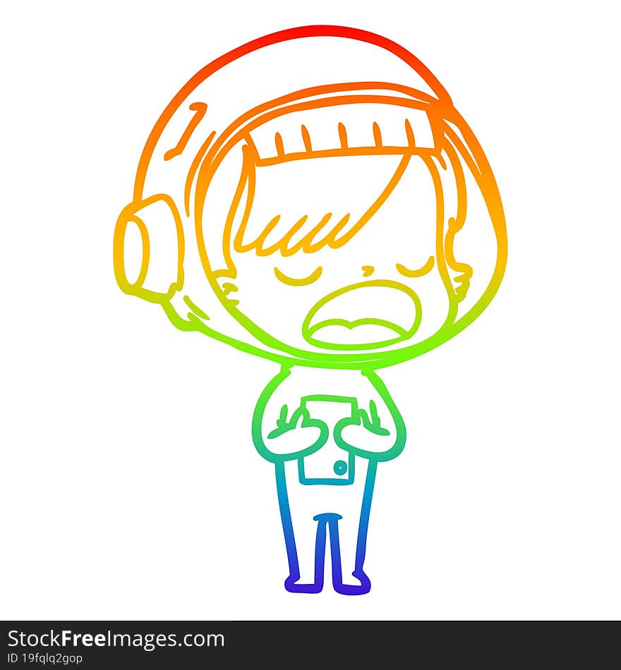 rainbow gradient line drawing cartoon astronaut woman explaining