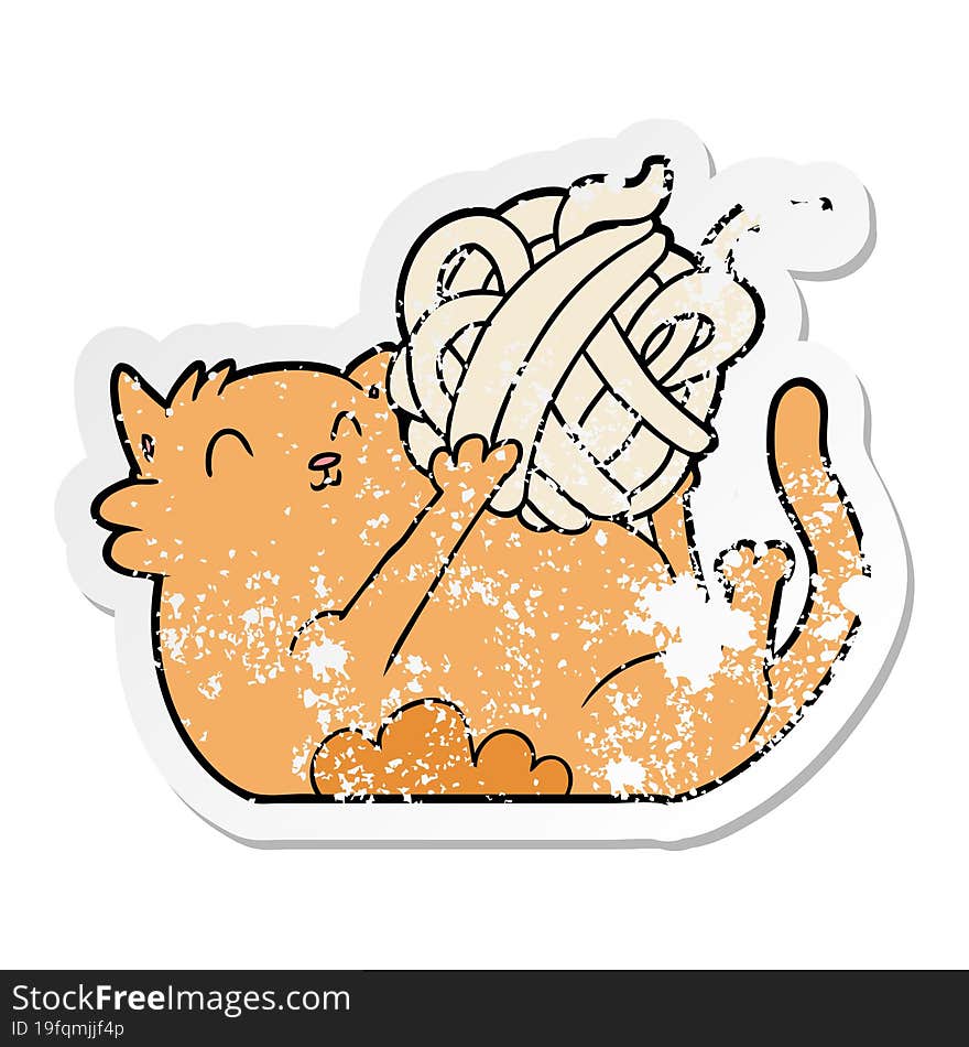 distressed sticker of a cartoon cat playing with ball of string