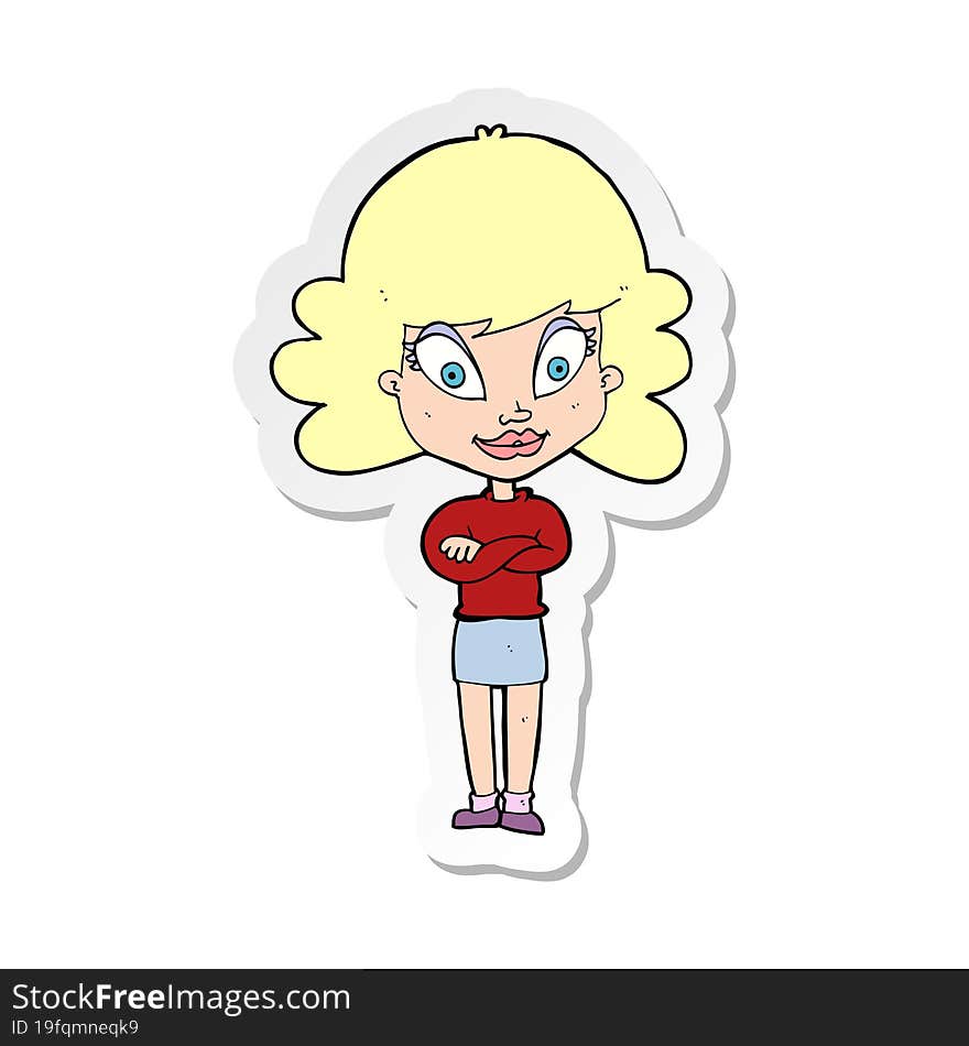 sticker of a cartoon happy woman with folded arms