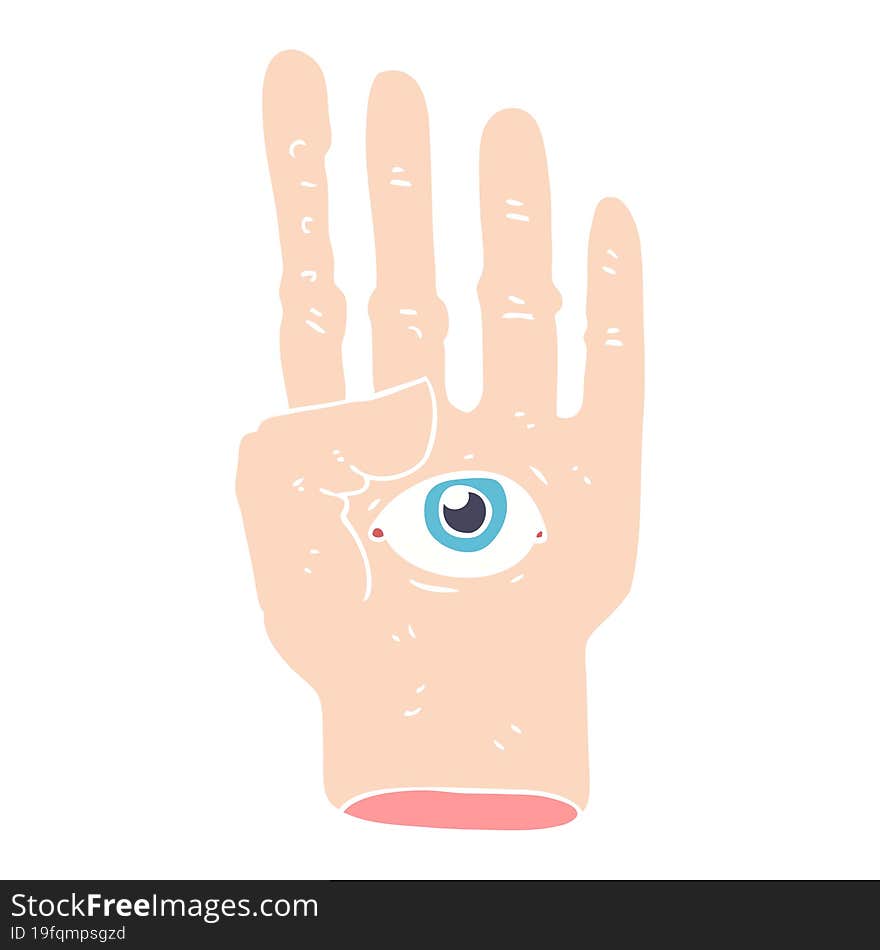 flat color illustration of a cartoon spooky hand with eyeball