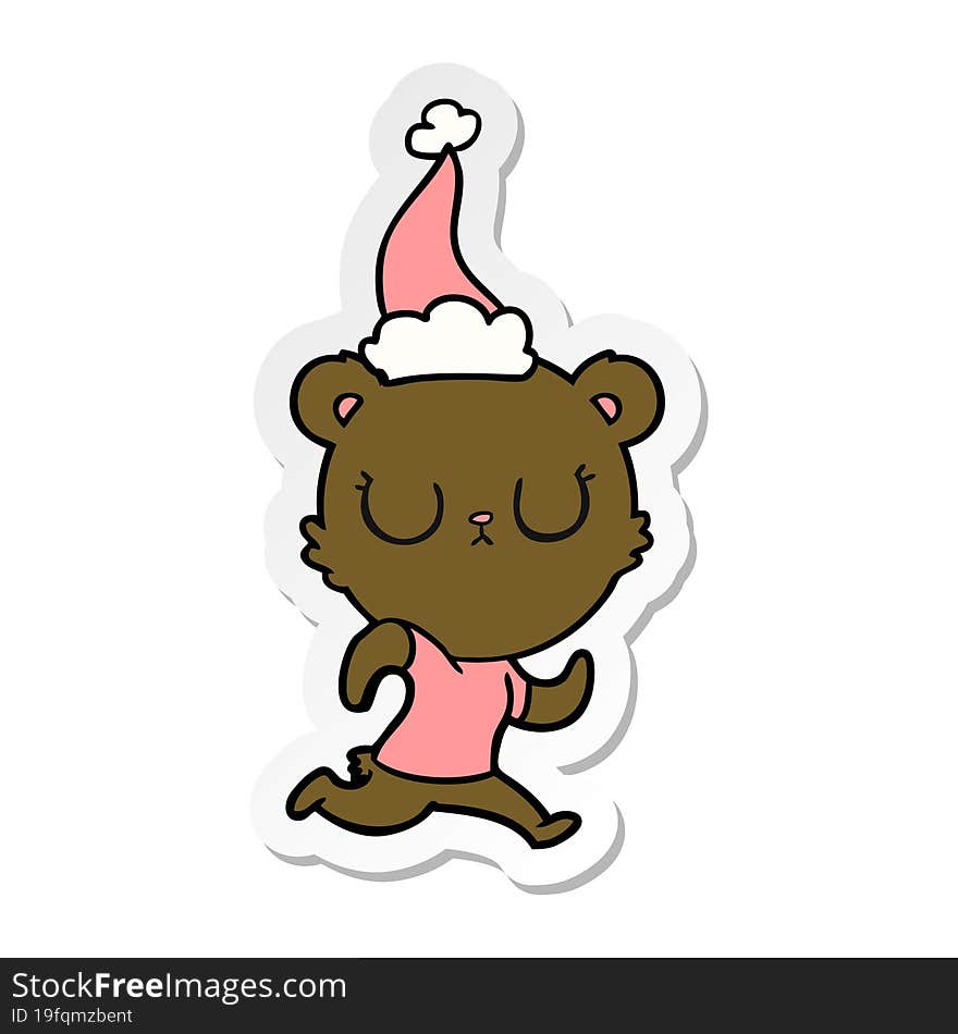 peaceful sticker cartoon of a bear running wearing santa hat