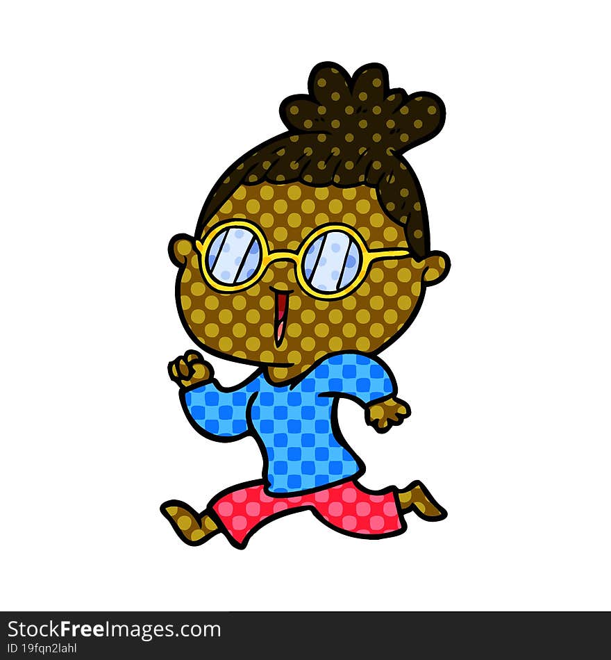 cartoon running woman wearing spectacles. cartoon running woman wearing spectacles