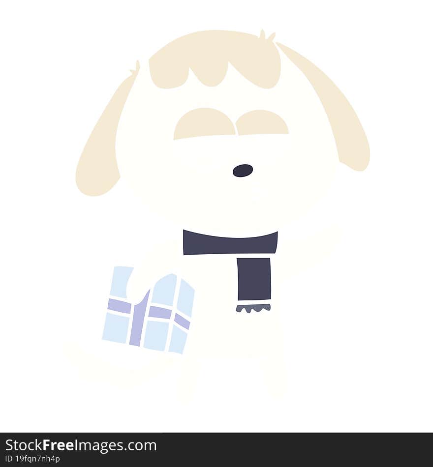 Flat Color Style Cartoon Bored Dog With Christmas Present