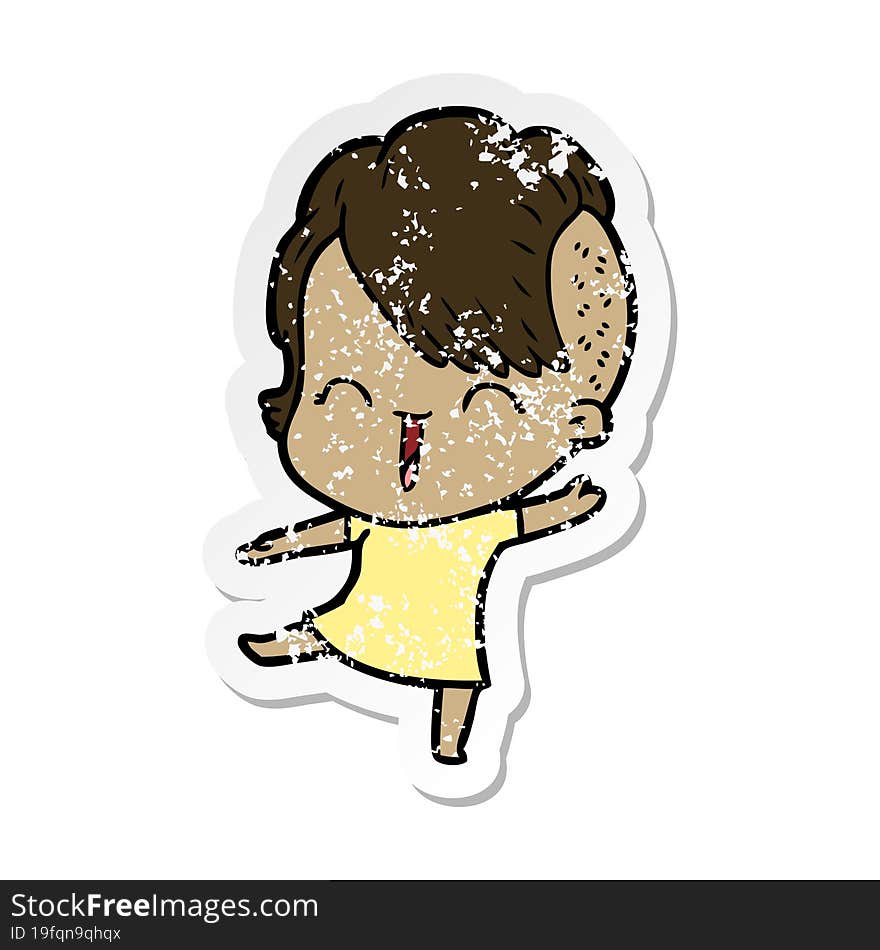 distressed sticker of a cartoon happy hipster girl