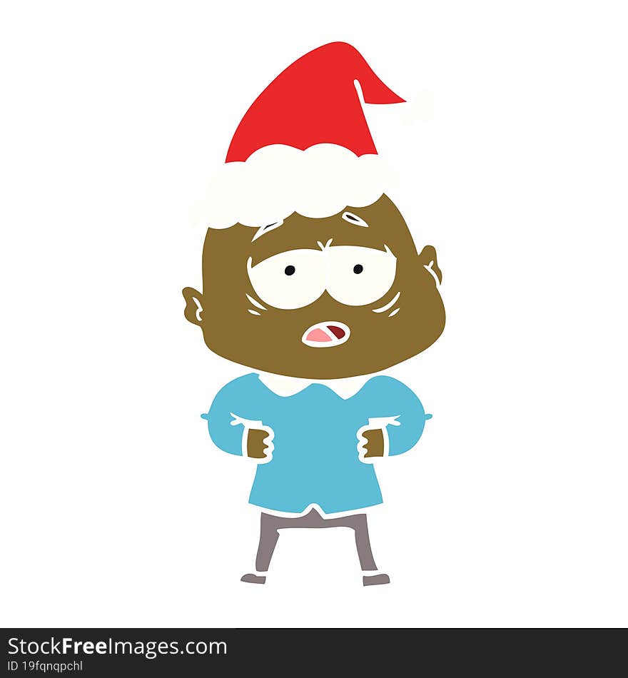 flat color illustration of a tired bald man wearing santa hat