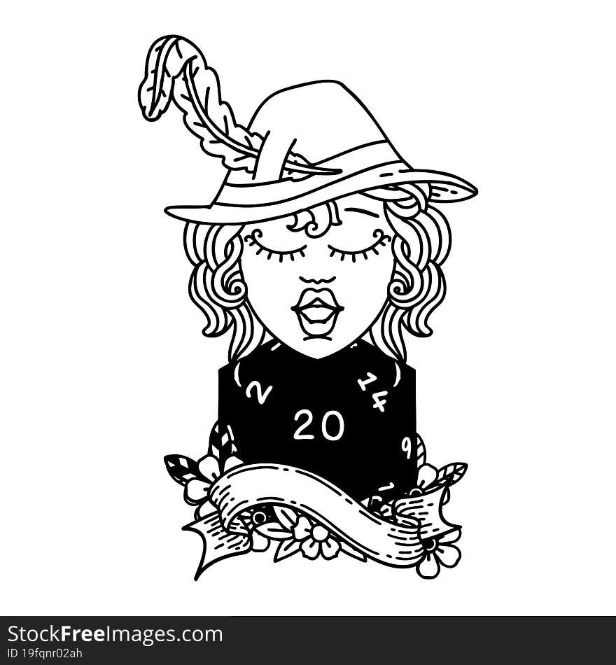 Black and White Tattoo linework Style human bard with natural 20 dice roll. Black and White Tattoo linework Style human bard with natural 20 dice roll