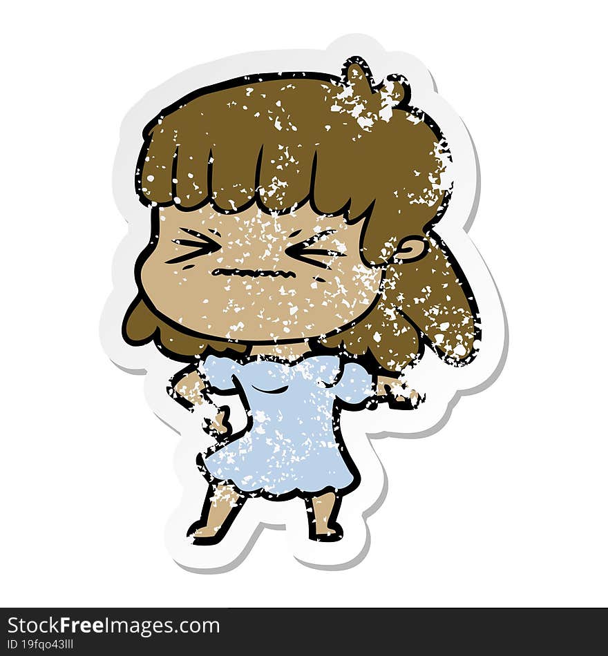 distressed sticker of a cartoon angry girl