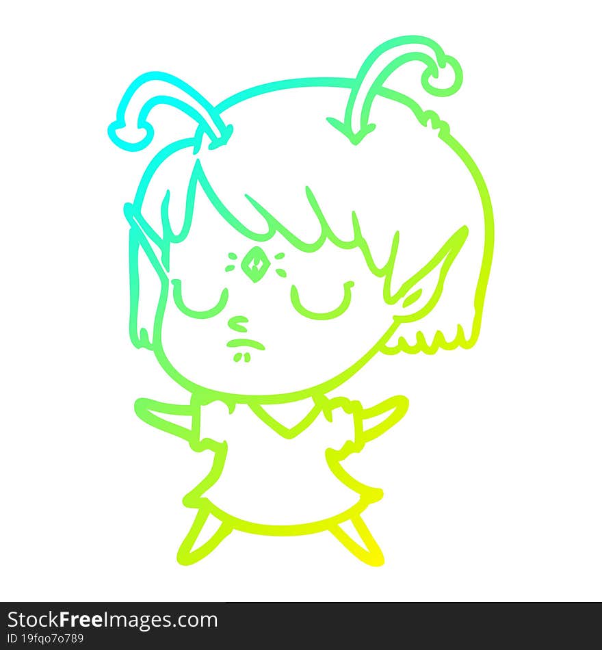 cold gradient line drawing of a cartoon alien girl