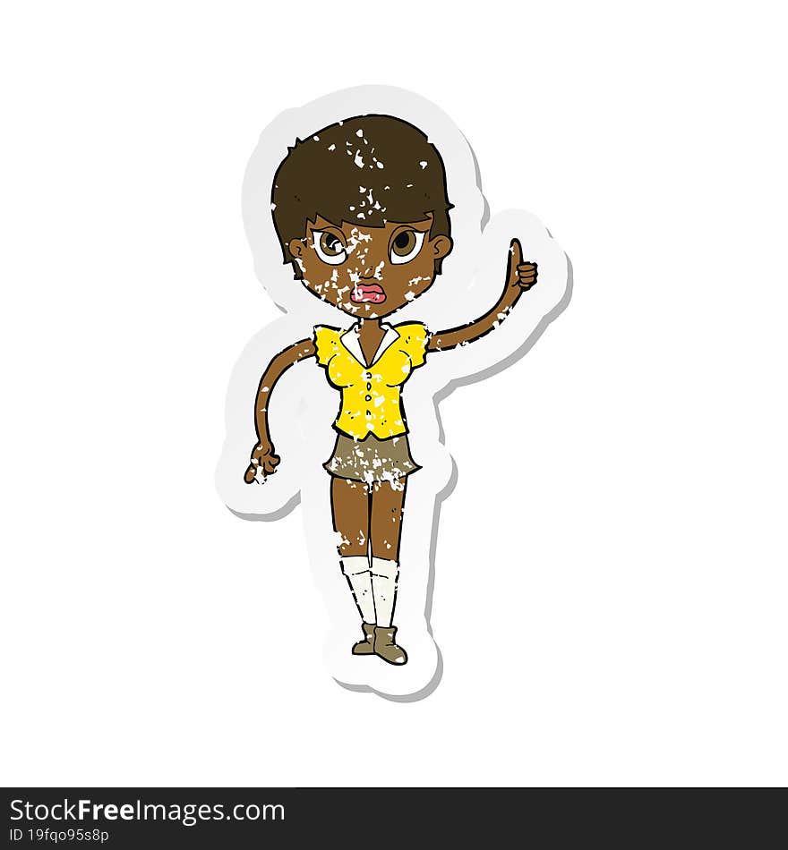 retro distressed sticker of a cartoon pretty woman with idea