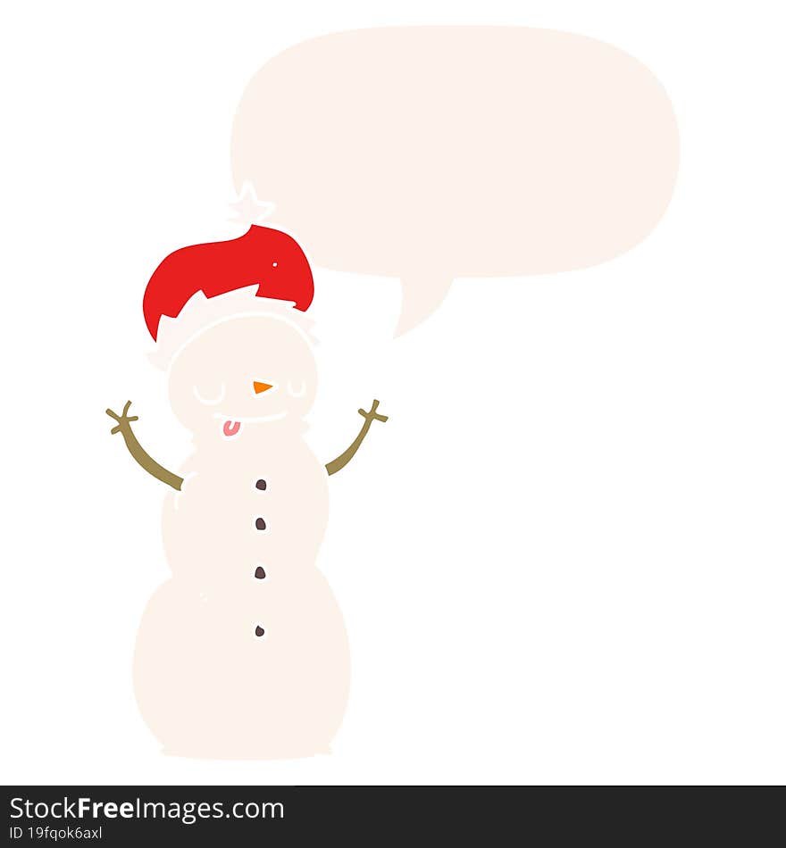 Cartoon Christmas Snowman And Speech Bubble In Retro Style