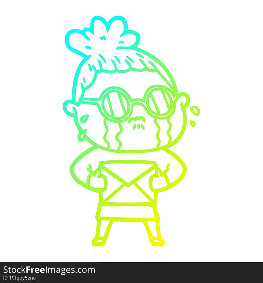 Cold Gradient Line Drawing Cartoon Crying Woman Wearing Spectacles