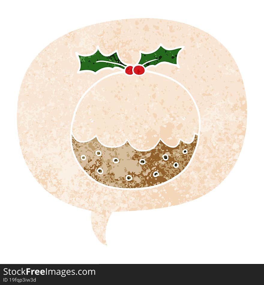 cartoon christmas pudding and speech bubble in retro textured style