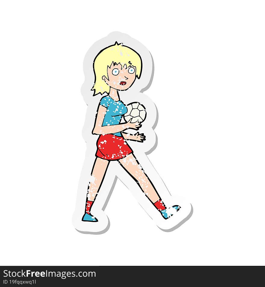 retro distressed sticker of a cartoon soccer girl