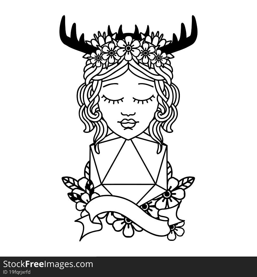 Black and White Tattoo linework Style human druid with natural twenty dice roll. Black and White Tattoo linework Style human druid with natural twenty dice roll