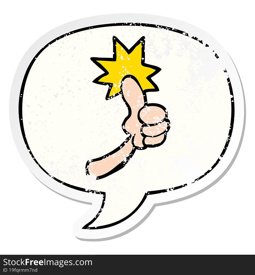 cartoon thumbs up sign and speech bubble distressed sticker