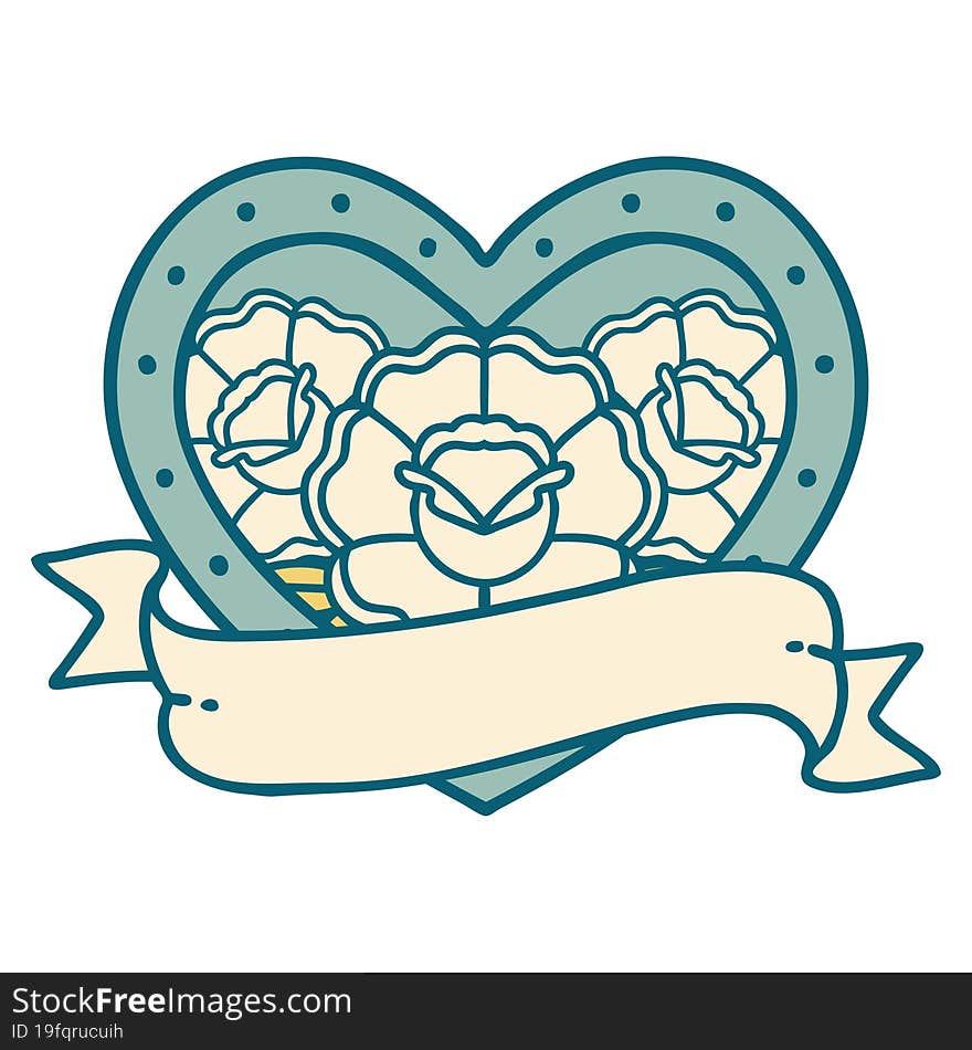 Tattoo Style Icon Of A Heart And Banner With Flowers