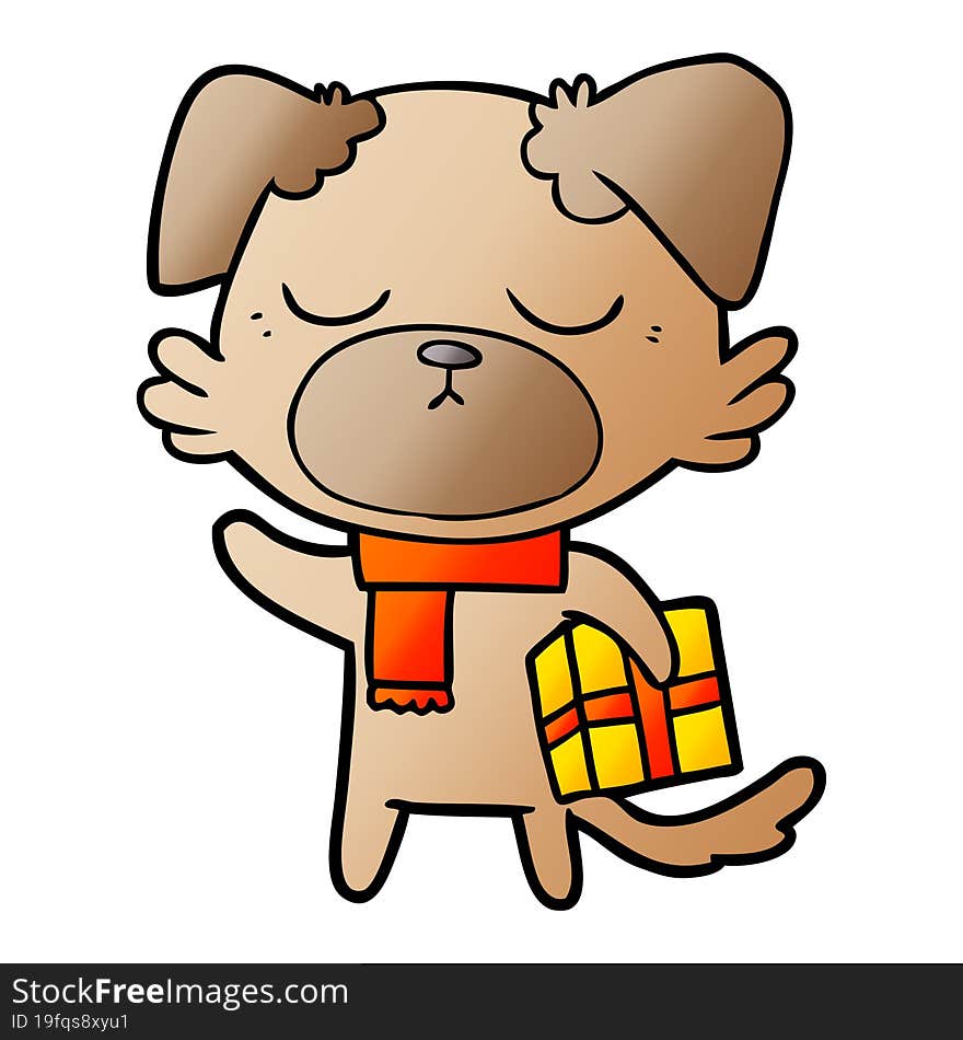 cute cartoon dog with christmas present. cute cartoon dog with christmas present