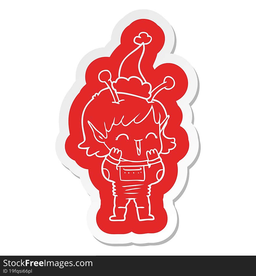 cartoon  sticker of a alien girl giggling wearing santa hat