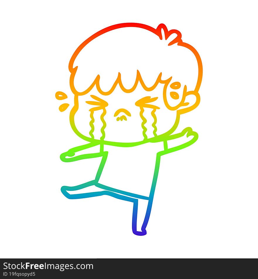 Rainbow Gradient Line Drawing Cartoon Boy Crying