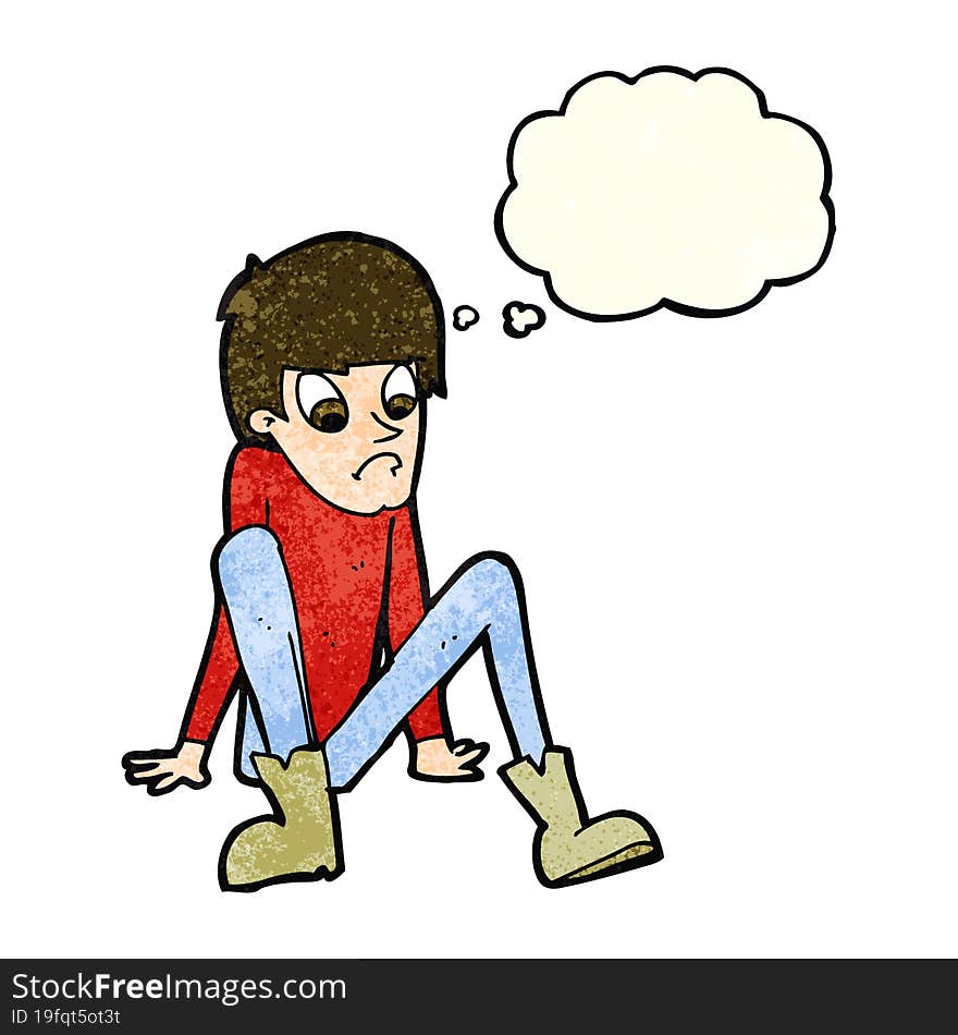 cartoon boy sitting on floor with thought bubble