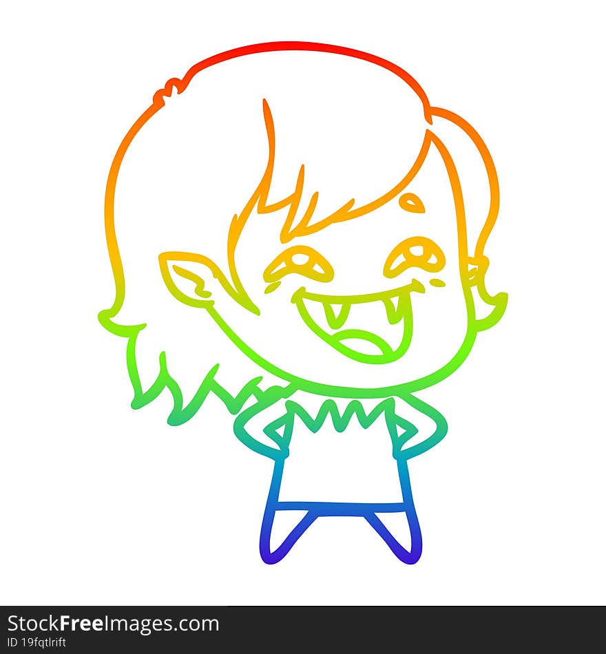 rainbow gradient line drawing of a cartoon laughing vampire girl