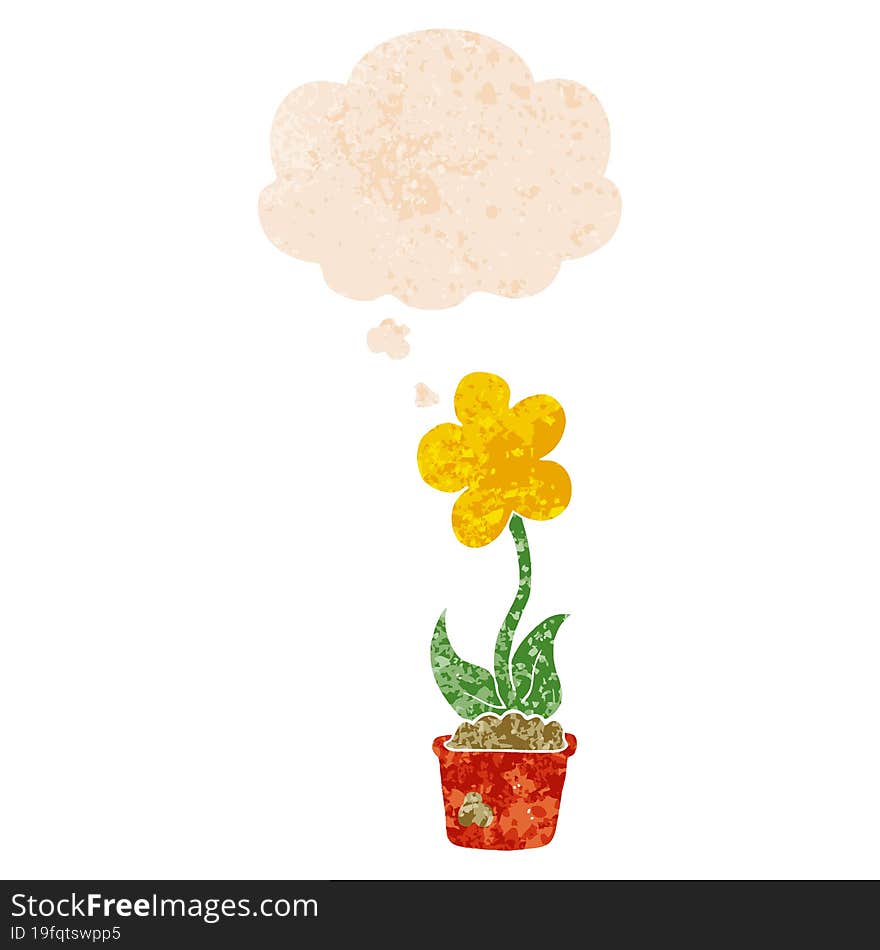 Cute Cartoon Flower And Thought Bubble In Retro Textured Style