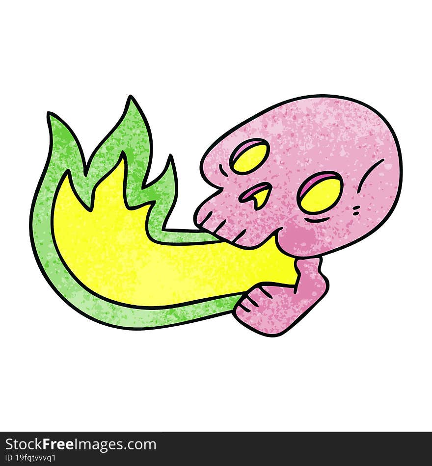 fire breathing quirky hand drawn cartoon skull