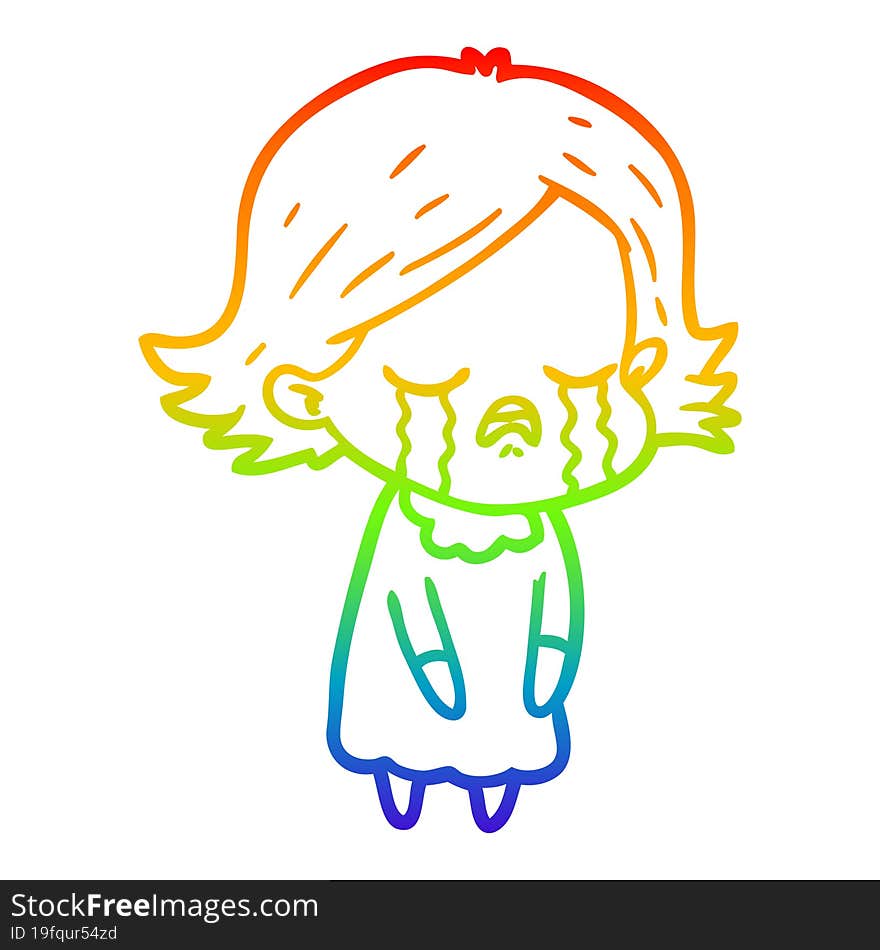 Rainbow Gradient Line Drawing Cartoon Girl Crying