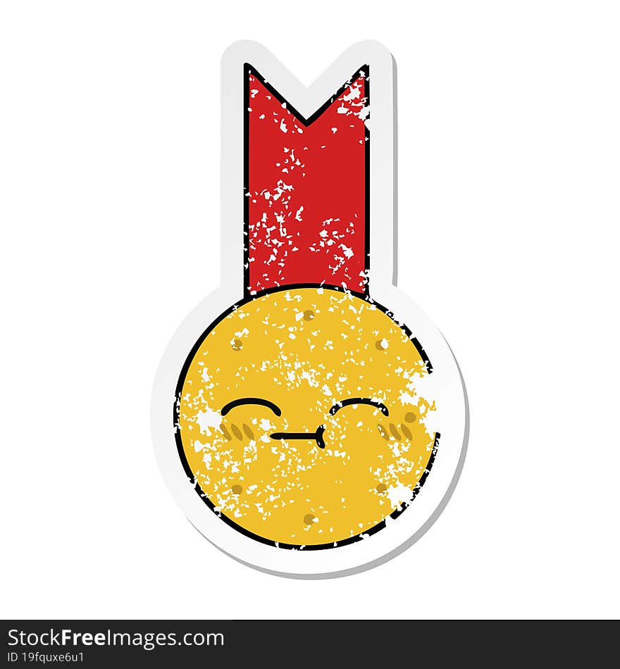 distressed sticker of a cute cartoon gold medal