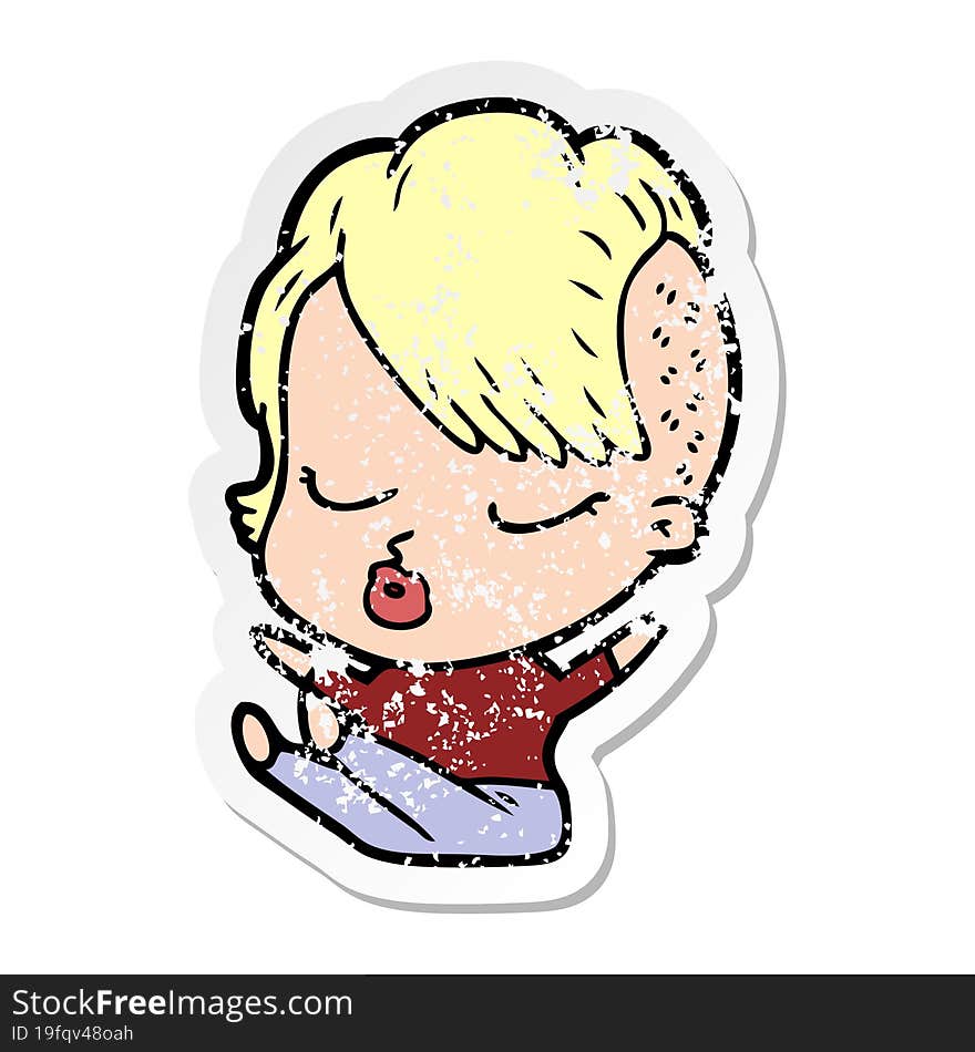 distressed sticker of a cartoon pretty hipster girl