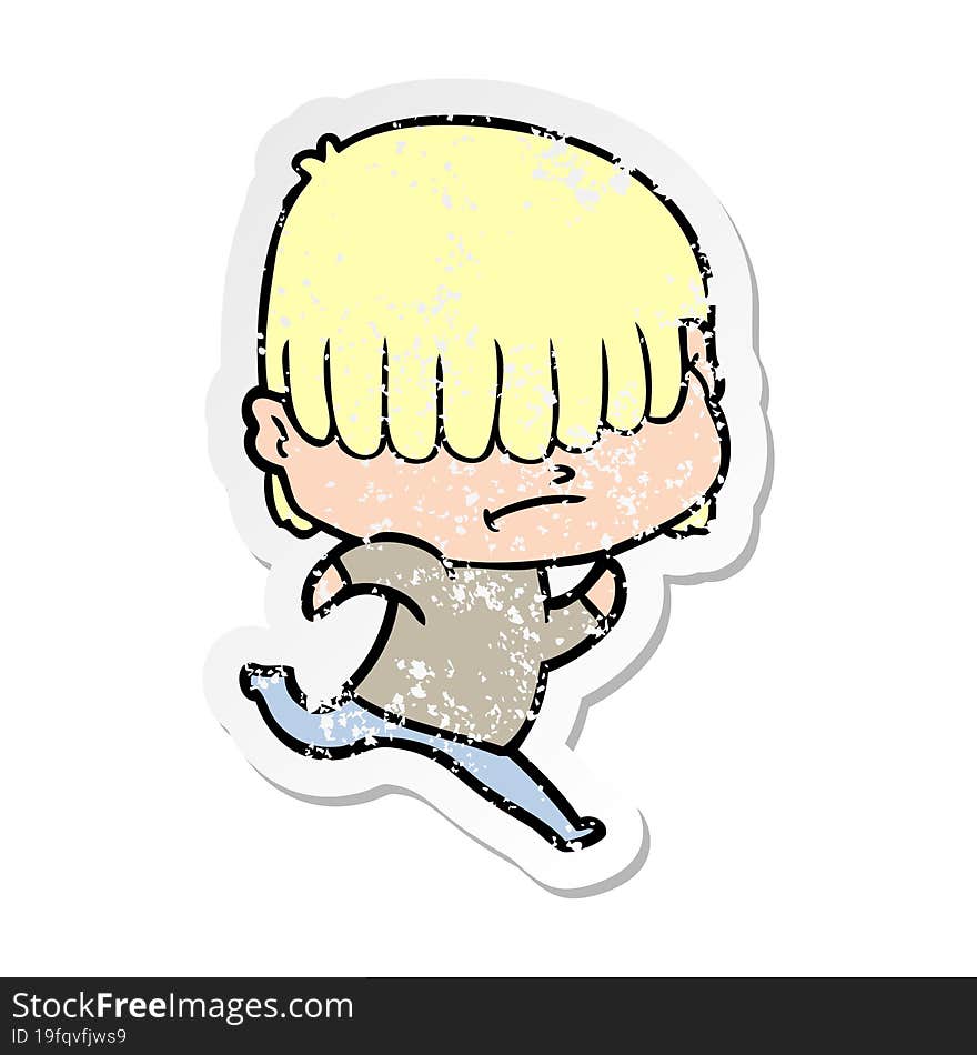 distressed sticker of a cartoon boy with untidy hair