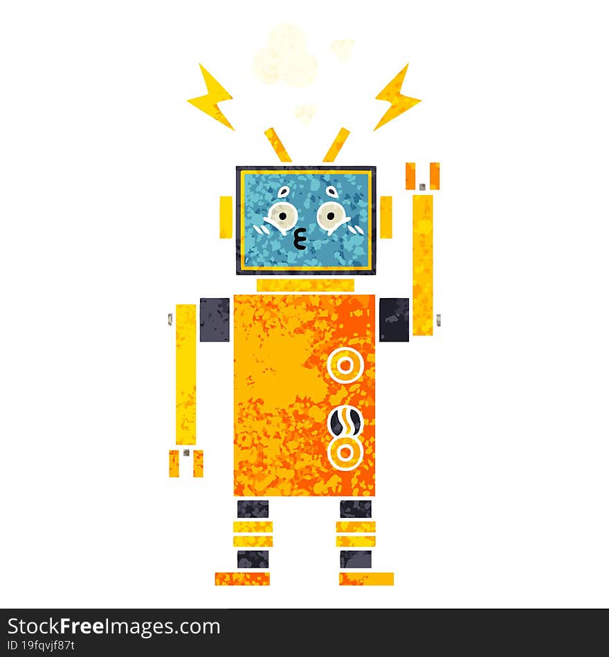 retro illustration style cartoon of a malfunctioning robot