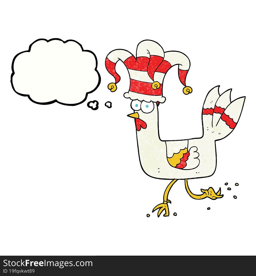 thought bubble textured cartoon chicken running in funny hat