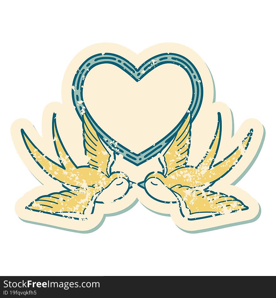 iconic distressed sticker tattoo style image of swallows and a heart. iconic distressed sticker tattoo style image of swallows and a heart