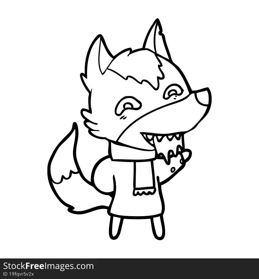 cartoon hungry wolf in winter clothes. cartoon hungry wolf in winter clothes