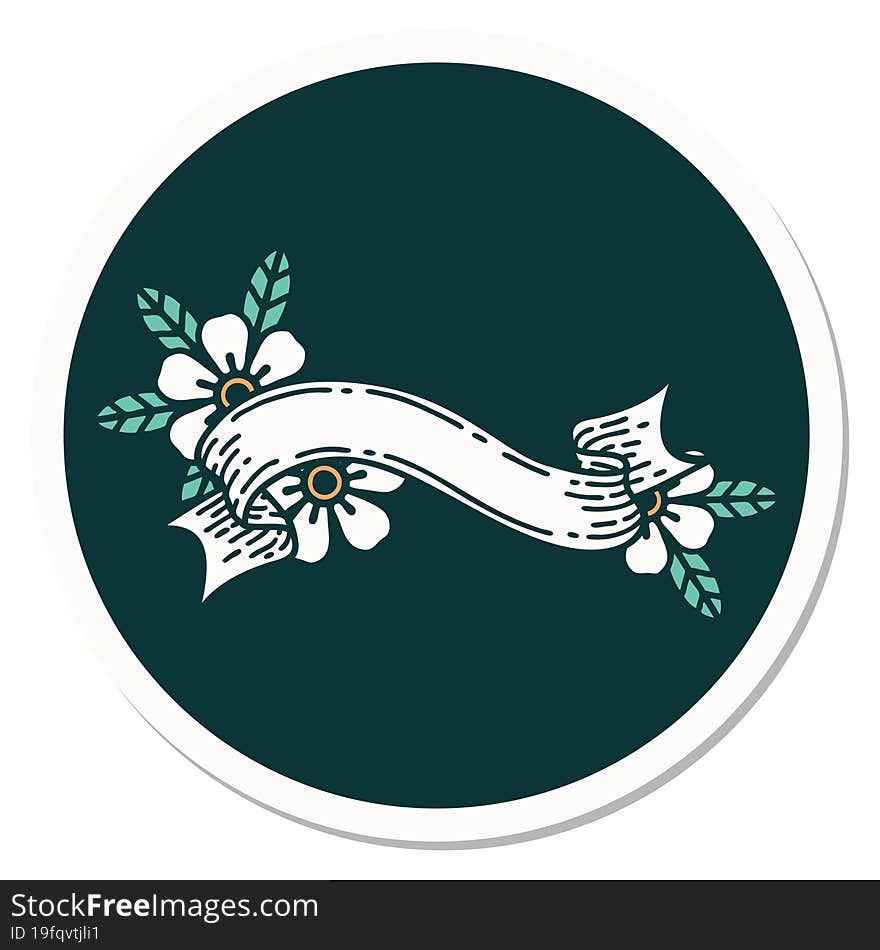 tattoo style sticker of a banner and flowers