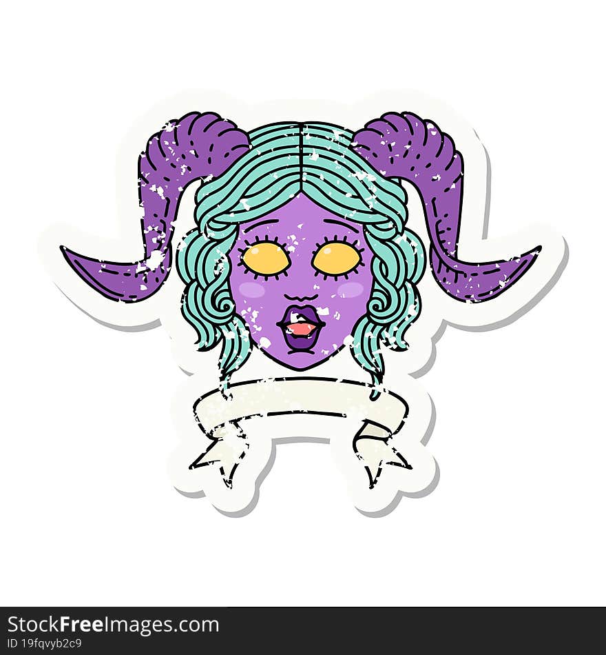 Retro Tattoo Style tiefling character face with scroll banner. Retro Tattoo Style tiefling character face with scroll banner