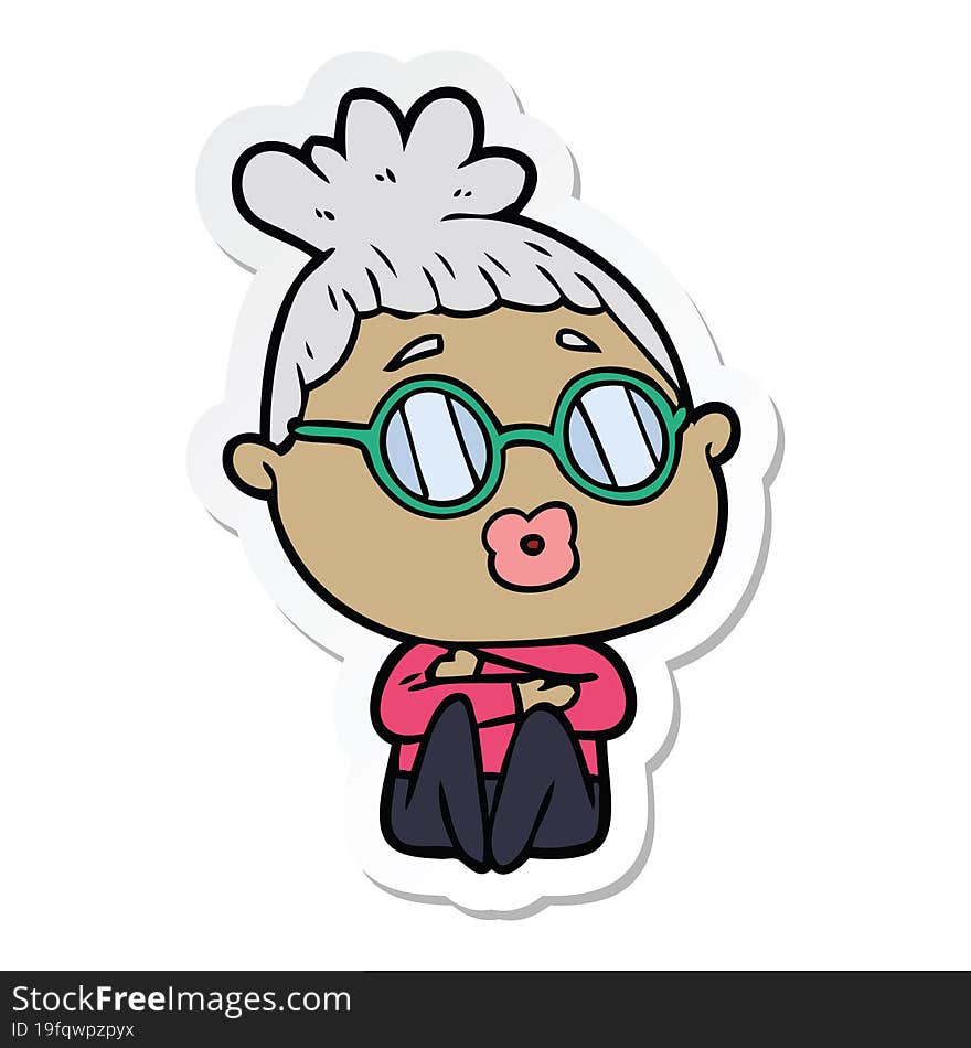 sticker of a cartoon sitting woman wearing spectacles