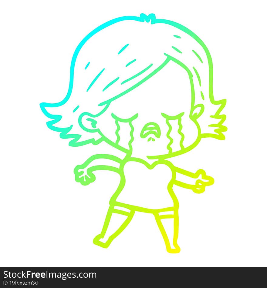 cold gradient line drawing cartoon girl crying and pointing