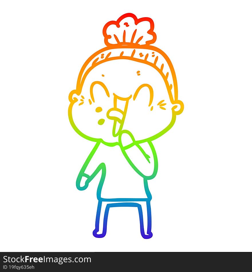 rainbow gradient line drawing of a cartoon happy old woman