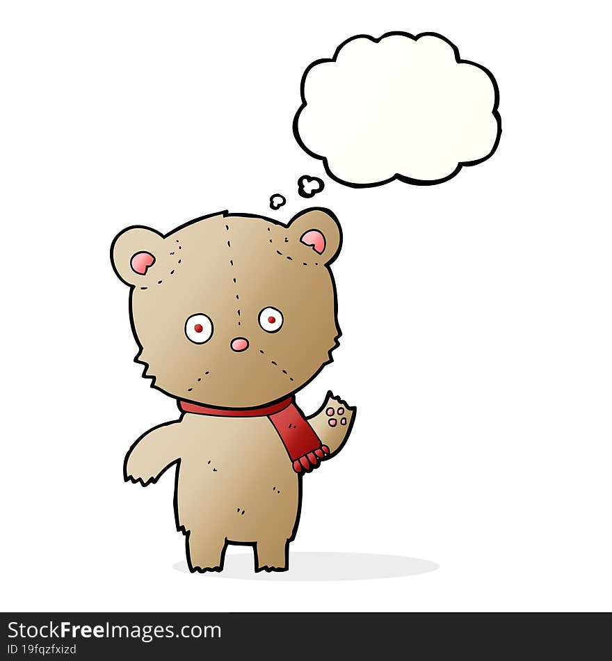 cartoon waving teddy bear with thought bubble